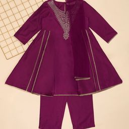 AKKRITI BY PANTALOONS Girls Ethnic Motifs Pleated Kurta with Trousers & With Dupatta-image-63