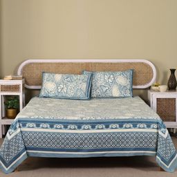Peepul Tree Blue & Beige Floral Cotton 180 TC Double Queen Bedsheet Set-2.74 m X 2.28 m-image-96