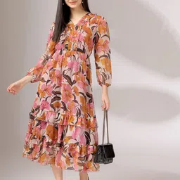 Justin Whyte Women Floral Printed Puff Sleeve Fit & Flare Midi Dress-picture-25