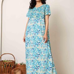 Nihsamah Women Blue Viscose Printed Essential Button-Up Maxi Nightdress-picture-44