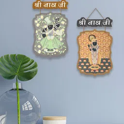 ArtVibes Grey & Yellow Set Of 2 Printed Wooden Wall Hanging-25