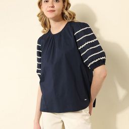 U.S. Polo Assn. Women Round Neck Puff Sleeves Pure Cotton Top-45