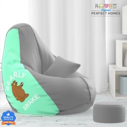 XXXL PatternPuff Bag With Free Cushion and Puffy , Bearly Awake - Light Grey Peach Teardrop Bean Bag With Bean Filling-image-94