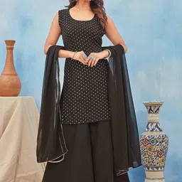 Chandbaali Polka Dot Printed Round Neck Straight Georgette Kurta With Sharara And Dupatta image 4