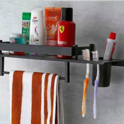 Stainless Steel 3 in1 Multipurpose BathroomShelf/Rack/Towel Hanger/TumblerHolder Black Towel Holder-17