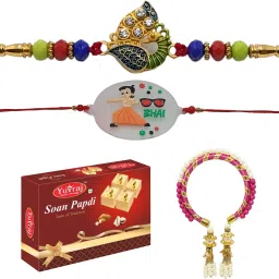 couple rakhi (bhaiya or bhabhi ) & 1 kids rakhi with soan papadi 400 gm pack Assorted Gift Box-image-78