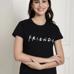 Women Printed, Typography Round Neck Pure Cotton Black T-Shirt-image-5