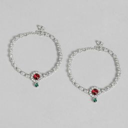 I Jewels Set of 2 Silver-Plated & Maroon Kundan-Studded & Pearl Anklets-image-24