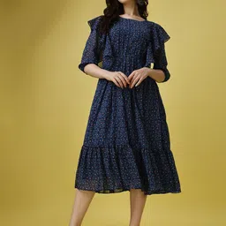 Fashion2wear Women Floral Print Cold-Shoulder Georgette Fit & Flare Midi Dress-image-95