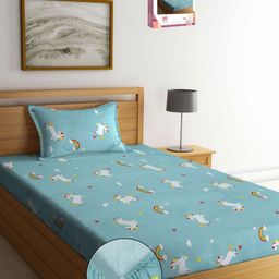 Myntra Elegant Homes Blue & Pink Cartoon Characters 300 TC Single Bedsheet with 1 Pillow Covers-image-55