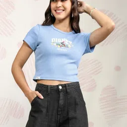 Tokyo Talkies Disney Mickey & Friends Blue Printed Crop Tshirt-image-24