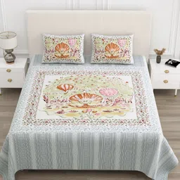 JAIPUR FABRIC Green & Brown Printed Pure Cotton 210 TC King Bedsheet Set 2.74m x 2.54m-image-69