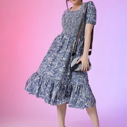 Jash Creation Print Puff Sleeve Applique Fit & Flare Dress-picture-25