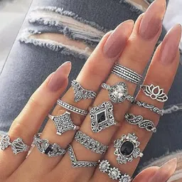 TheVineGirl Women 15 Pcs Silver-Toned Alloy Silver-Plated Floral Design Plushy Ring Set-picture-22