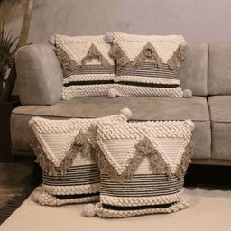 LUSHLYF Macrame Off White 4 Pieces Geometric Embroidered Cotton Square Cushion Covers-18