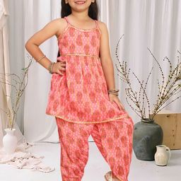 Cutiekins Girls Paisley Printed Shoulder Straps Gotta Patti A-Line Kurta With Dhoti Pants-picture-30