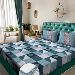 KLOTTHE Blue Geometric 400 TC King Bedsheet with 2 Pillow Covers-image-35