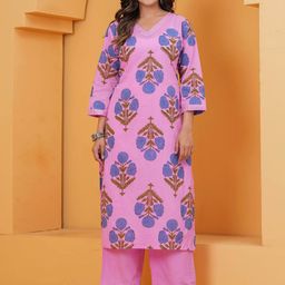 VASUPRADA Floral Printed V-Neck Mirror Work Pure Cotton Straight Kurta With Trousers-52