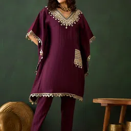Sangria Embroidered V-Neck Mirror Work Kaftan With Trousers-13