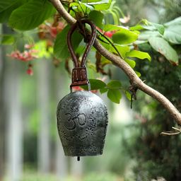 DULI Grey & Brown Embossed Om Design Metal Cowbell Windchime-image-3