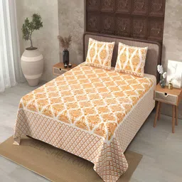 BED-SHEET.COM Gold-Toned & White Ethnic Motifs 180 TC King Bedsheet with 2 Pillow Covers-picture-46