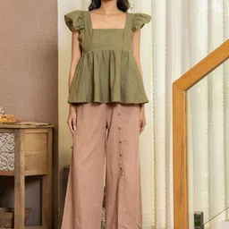 HOUSE OF JAMOTI Square Neck Top With Trousers Earthy Charm Flutter Set-image-60