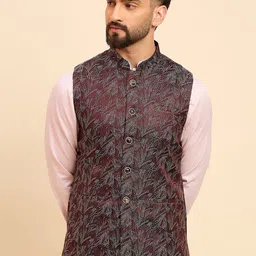 House of Pataudi Woven Design Mandarin Collar Nehru Jacket-43