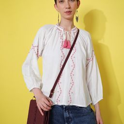LIMEROAD Women Ethnic Embroidered Cotton Round Neck Fusion Top-picture-5