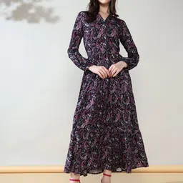 House of Kaftan Women Paisley Printed Mandarin Collar Maxi Dress-picture-5