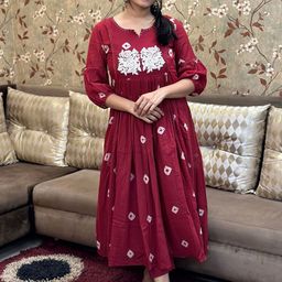 KALINI Floral Embroidered Puffed Sleeves Anarkali Kurta With Trousers-27