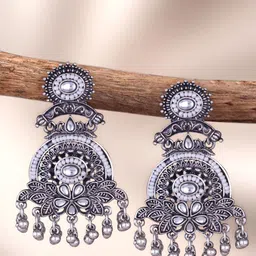 Sangria Silver-Plated Kundan-Studded & Beaded Oxidised Contemporary Shaped Drop Earrings-14