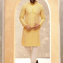 Anouk Yellow & White Band Collar Geometric Embroidered Pure Cotton Straight Kurta-picture-15