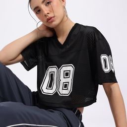 glitchez Sporty Chic Printed Perforated Varsity Boxy T-shirt-image-34