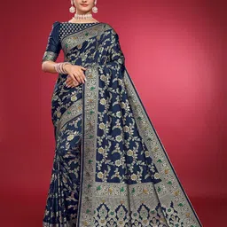 LEAFFEB Ethnic Motifs Woven Design Zari Pure Silk Banarasi Saree-picture-57