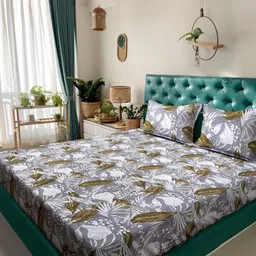 KLOTTHE Grey & Brown Floral Printed 300 TC King Double Bedsheet Set 2.7 x 2.7 m-picture-4