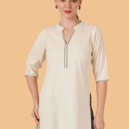 Brownverse Embroidered Khadi Cotton Mandarin Collar Straight Kurti-15