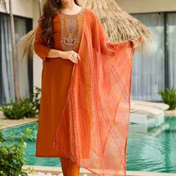 URMIR FASHION Women Ethnic Motifs Embroidered Regular Thread Work Kurta with Trousers & With Dupatta-picture-1