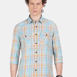Blu MNKY Men Smart Slim Fit Tartan Checked Spread Collar Cotton Casual Shirt-image-75