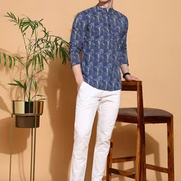 FUBAR Men Geometric Printed Mandarin Collar Cotton Pleated Straight Kurta-17
