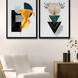 Myntra Elegant Homes White & Blue 2Abstract PrintedDeer Motif Canvas Wall Art-image-75