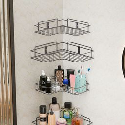 Kuber Industries Grey 4 Pieces Corner Self Adhesive Bathroom Organiser with Drill Screws-25