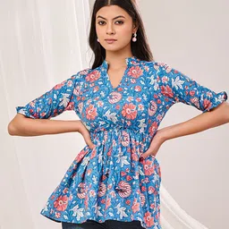 Futra Gabha Women Floral Printed Mandarin Collar Cotton Empire Top-image-0