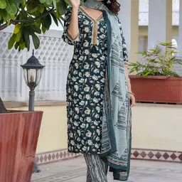 EthniFlair Women Floral Embroidered Regular Aari Work Pure Cotton Kurta with Trousers & With Dupatta-picture-11