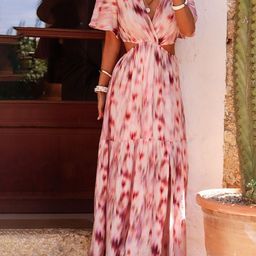 Errabelly Women Pink Abstract Printed Flutter Sleeve Daring Cutout Long Dress-image-43