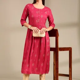 Anouk Ethnic Motifs Printed Round Neck Pleated A-Line Kurta-36