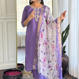 KALINI Floral Embroidered Sequinned Straight Kurta With Trouser & Dupatta-image-23