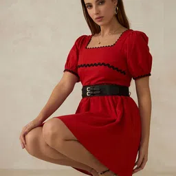 Virgio Women Cotton Square Neck Solid Short Sleeves Mini Dress-picture-38