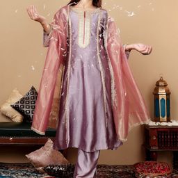 Varanga Lavender Embroidered Yoke Design Notch Neck Anarkali Kurta with Trousers & Dupatta-18