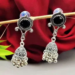 Yash Jewels Emporiums Silver-Plated Artificial Stones Studded Oxidised Dome Shaped Jhumkas-image-28