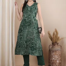 INDYES Floral Printed Thread Work V-Neck Pure Cotton A-Line Kurta With Trousers-picture-10